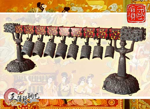 8件古編鐘，銅人銅座裝飾，可發(fā)音